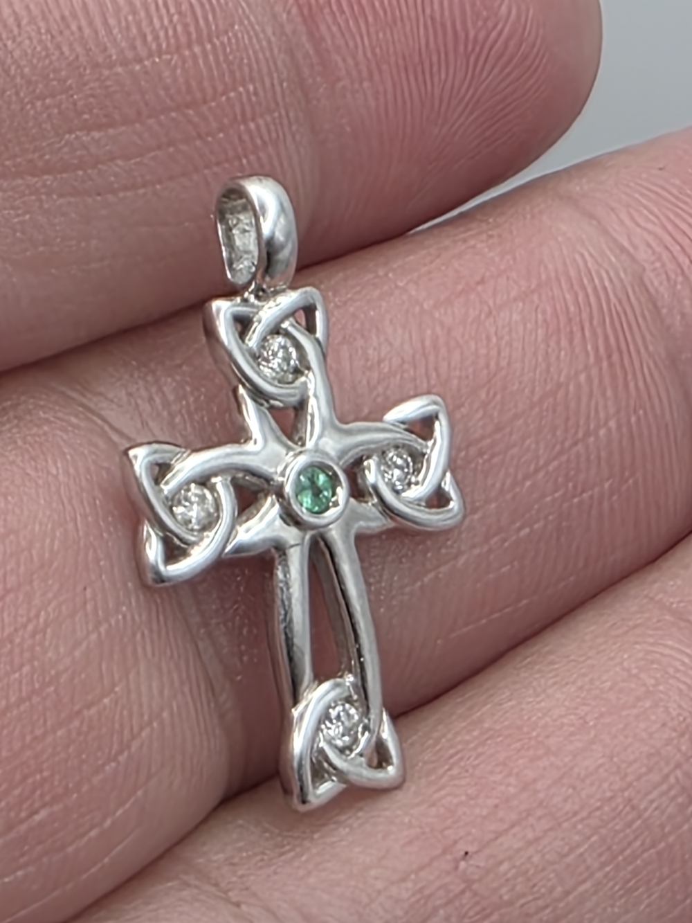 14k White Gold Diamond Emerald Cross Pendant